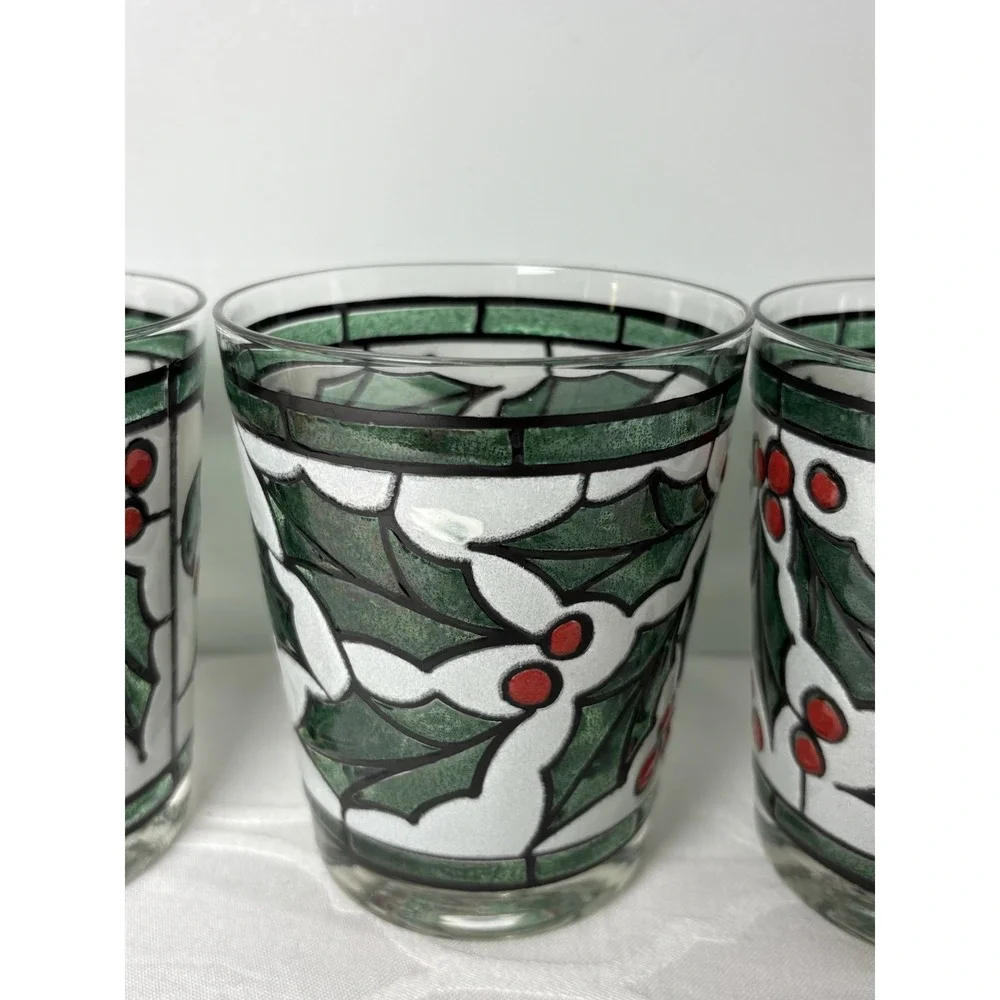 4 West Virginia Snowy Holly Berry Stained Glass On Rocks Christmas Glasses Set